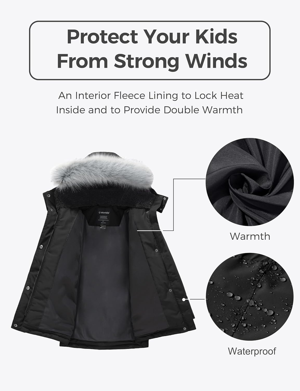 image:imagewantdo Girls Long Winter Coat Waterproof Puffer Jacket Warm Parka HoodedBlack