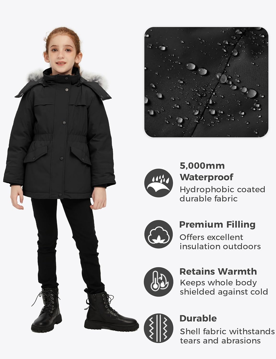 image:imagewantdo Girls Long Winter Coat Waterproof Puffer Jacket Warm Parka HoodedBlack