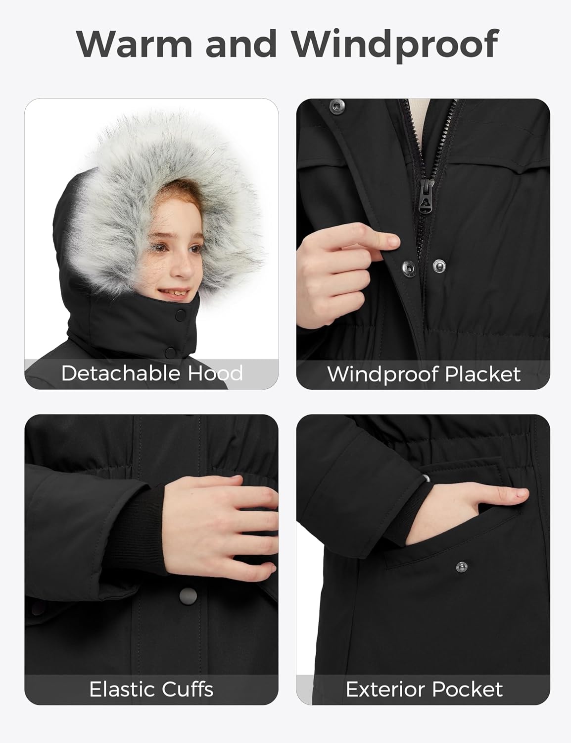 image:imagewantdo Girls Long Winter Coat Waterproof Puffer Jacket Warm Parka HoodedBlack
