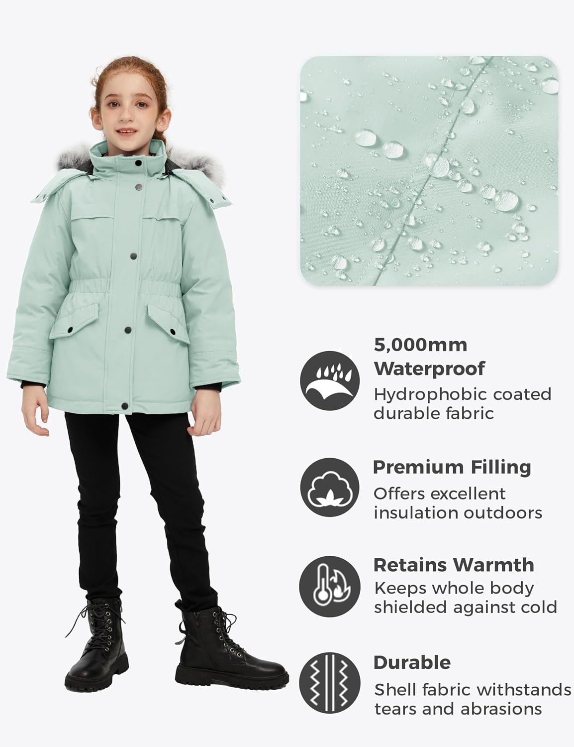 image:imagewantdo Girls Long Winter Coat Waterproof Puffer Jacket Warm Parka HoodedGreen