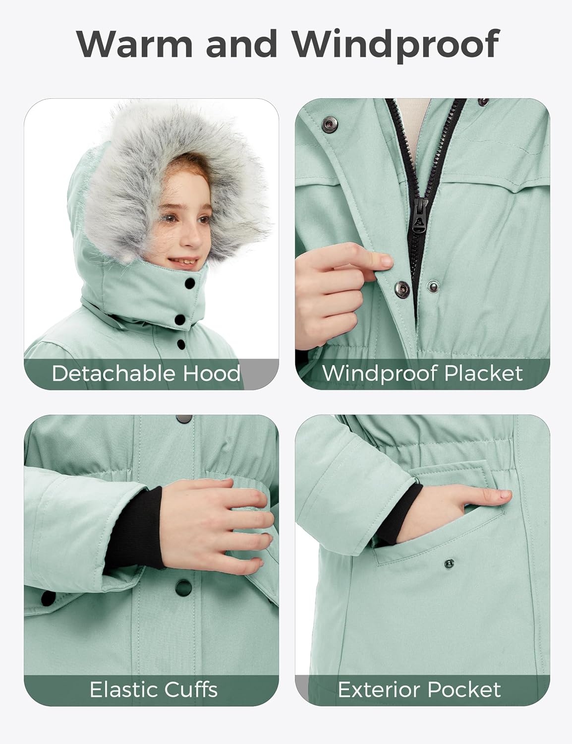 image:imagewantdo Girls Long Winter Coat Waterproof Puffer Jacket Warm Parka HoodedGreen