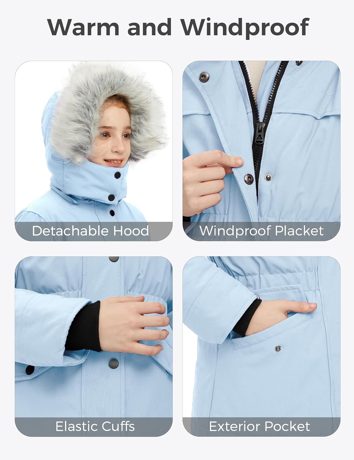image:imagewantdo Girls Long Winter Coat Waterproof Puffer Jacket Warm Parka HoodedLight Blue