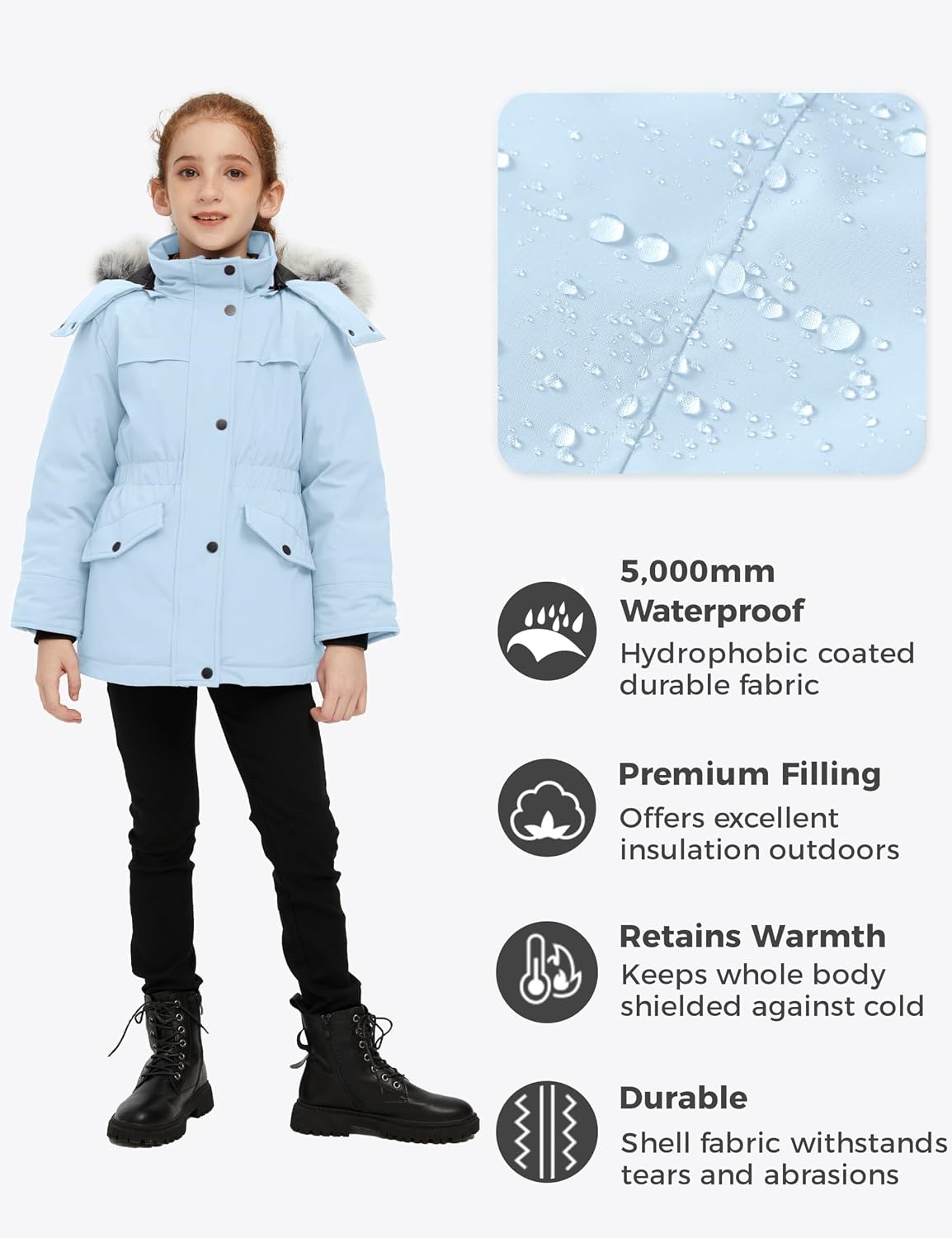 image:imagewantdo Girls Long Winter Coat Waterproof Puffer Jacket Warm Parka HoodedLight Blue