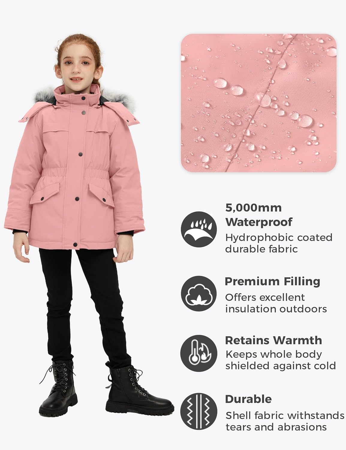 image:imagewantdo Girls Long Winter Coat Waterproof Puffer Jacket Warm Parka HoodedPink