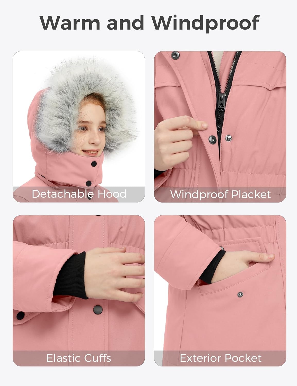 image:imagewantdo Girls Long Winter Coat Waterproof Puffer Jacket Warm Parka HoodedPink