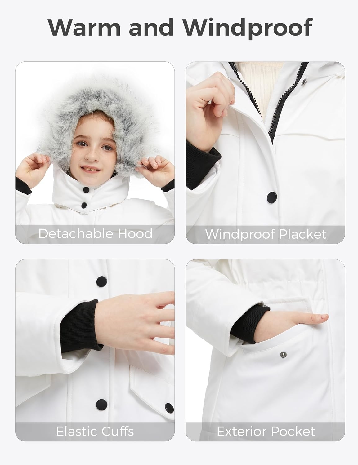 image:imagewantdo Girls Long Winter Coat Waterproof Puffer Jacket Warm Parka HoodedWhite