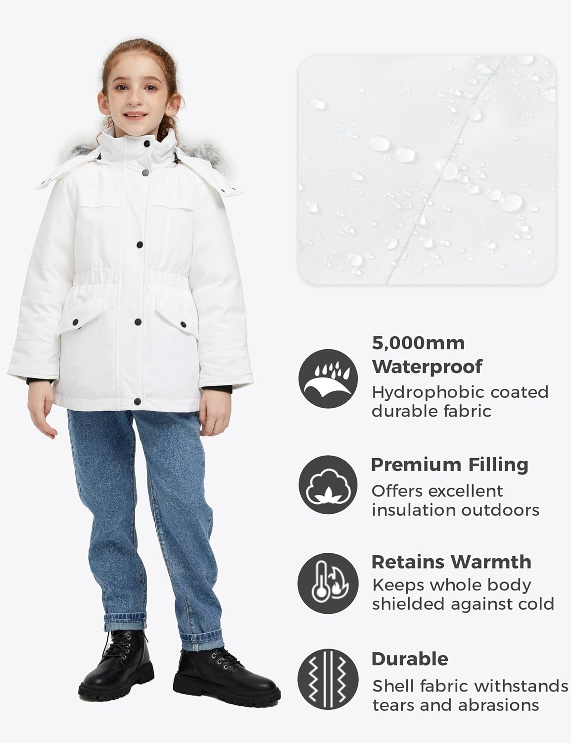image:imagewantdo Girls Long Winter Coat Waterproof Puffer Jacket Warm Parka HoodedWhite