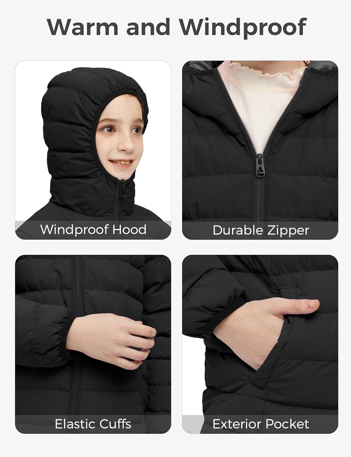 image:imagewantdo Girls Warm Winter Coat Lightweight Puffer Jacket Outerwear HoodedBlack