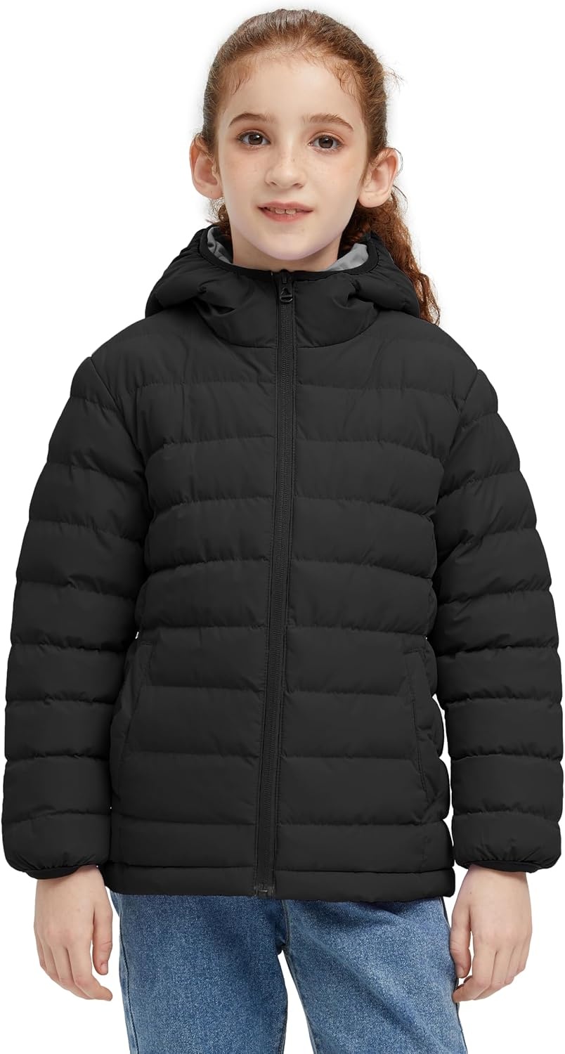 image:imagewantdo Girls Warm Winter Coat Lightweight Puffer Jacket Outerwear HoodedBlack