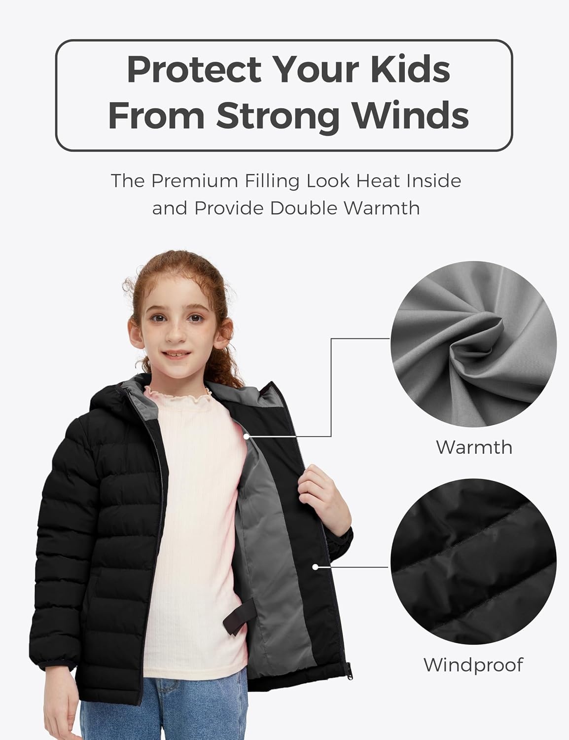 image:imagewantdo Girls Warm Winter Coat Lightweight Puffer Jacket Outerwear HoodedBlack