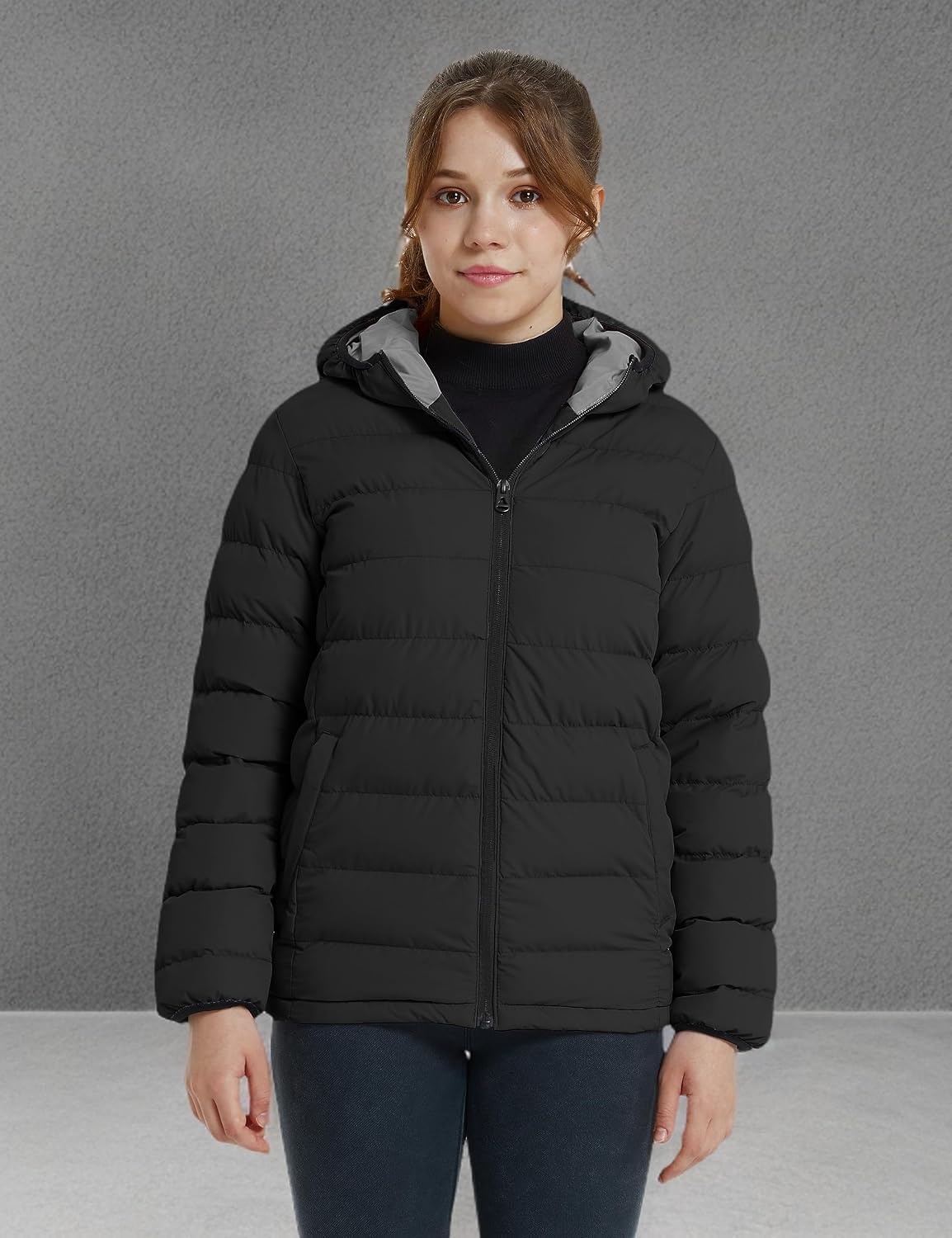 image:imagewantdo Girls Warm Winter Coat Lightweight Puffer Jacket Outerwear HoodedBlack
