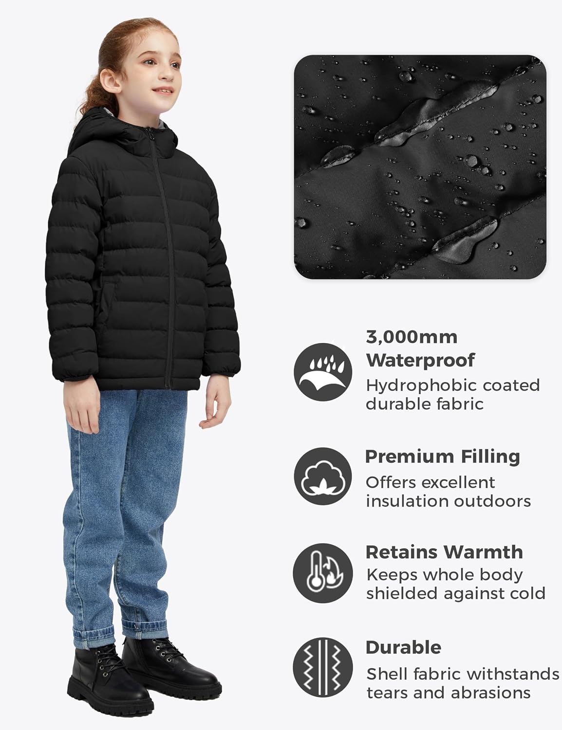 image:imagewantdo Girls Warm Winter Coat Lightweight Puffer Jacket Outerwear HoodedBlack