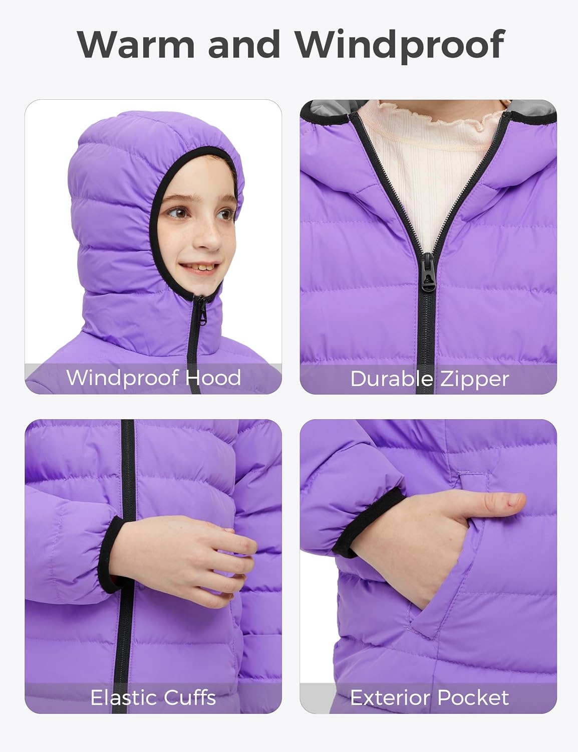 image:imagewantdo Girls Warm Winter Coat Lightweight Puffer Jacket Outerwear HoodedPurple