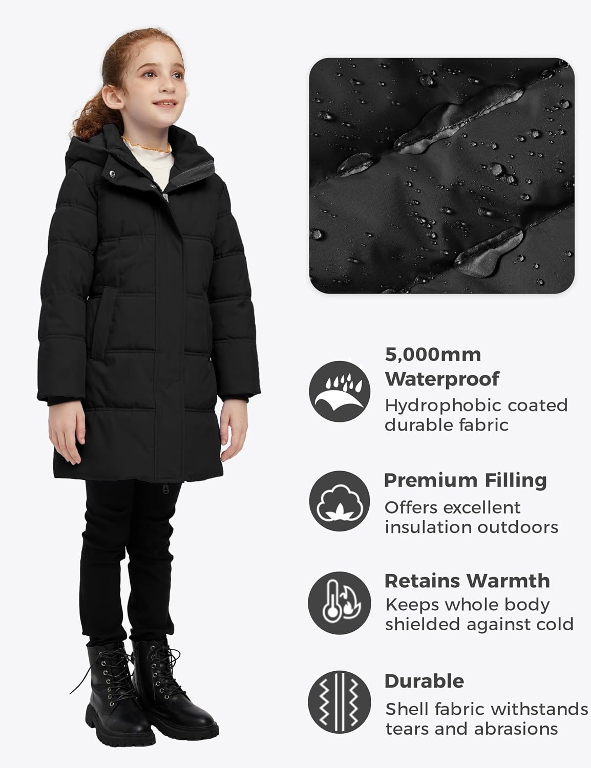 image:imagewantdo Girls Winter Coat Long Puffer Jacket Thickened Parka HoodedBlack