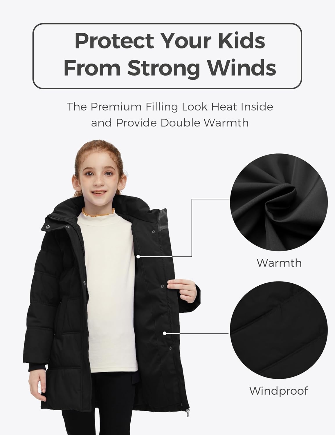 image:imagewantdo Girls Winter Coat Long Puffer Jacket Thickened Parka HoodedBlack