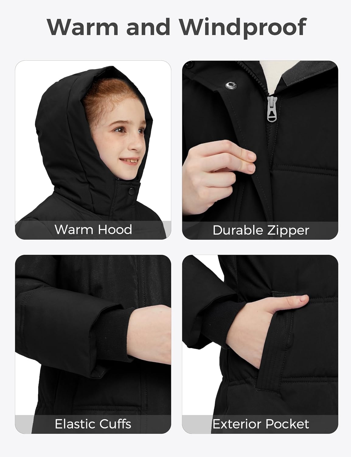image:imagewantdo Girls Winter Coat Long Puffer Jacket Thickened Parka HoodedBlack