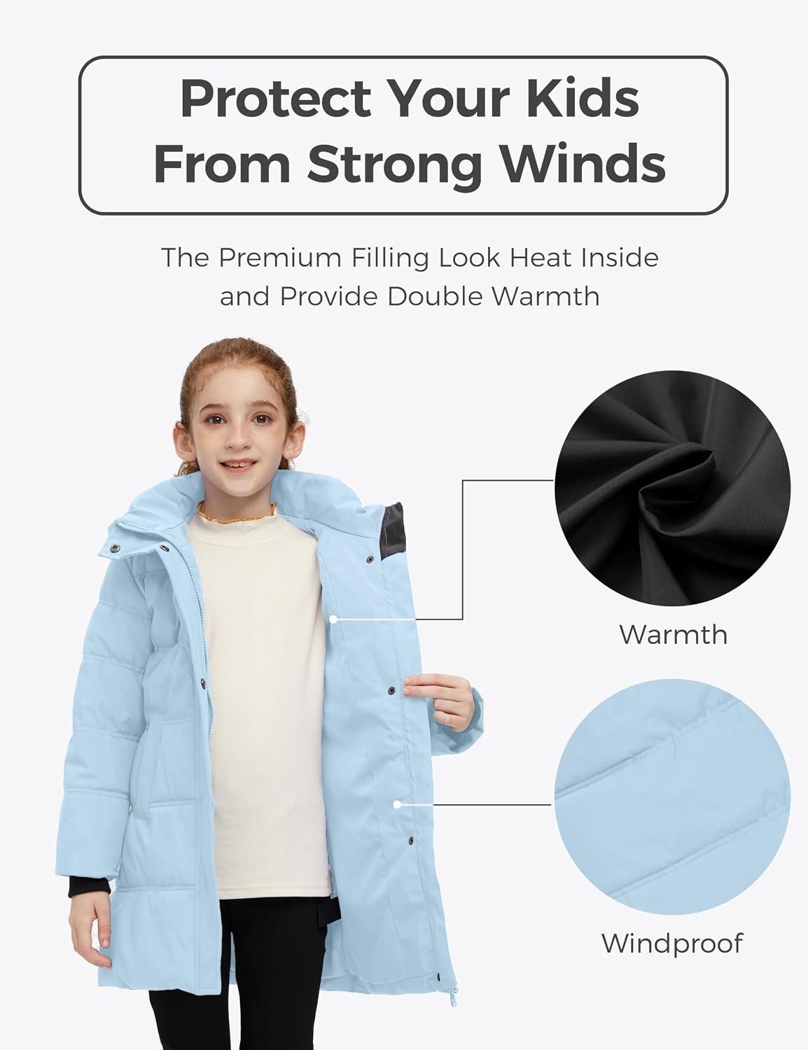 image:imagewantdo Girls Winter Coat Long Puffer Jacket Thickened Parka HoodedLight Blue