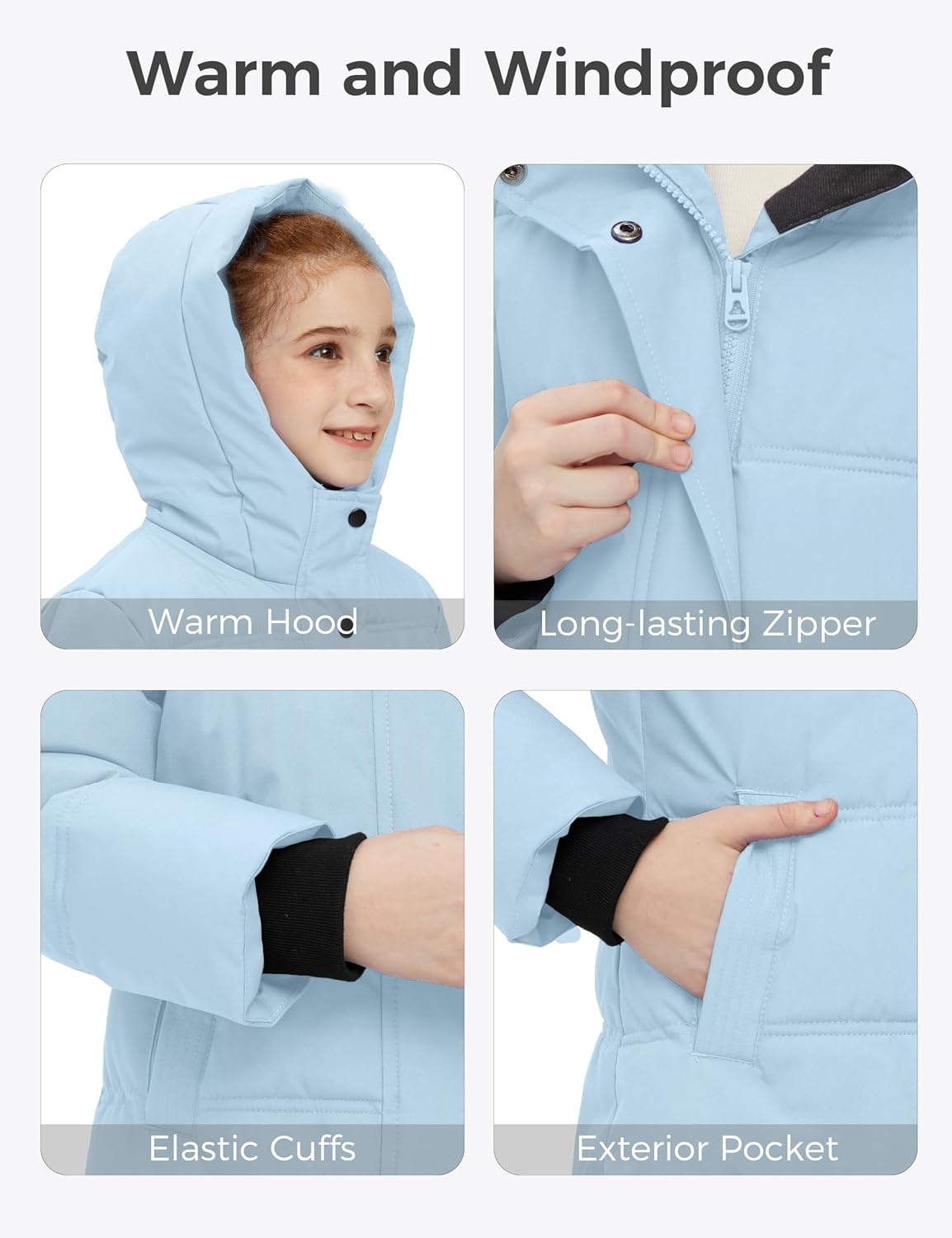 image:imagewantdo Girls Winter Coat Long Puffer Jacket Thickened Parka HoodedLight Blue