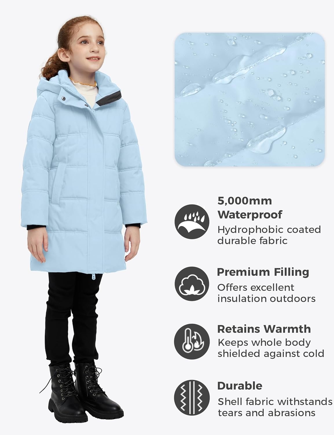 image:imagewantdo Girls Winter Coat Long Puffer Jacket Thickened Parka HoodedLight Blue