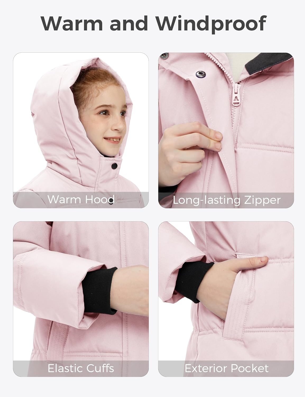 image:imagewantdo Girls Winter Coat Long Puffer Jacket Thickened Parka HoodedLight Pink