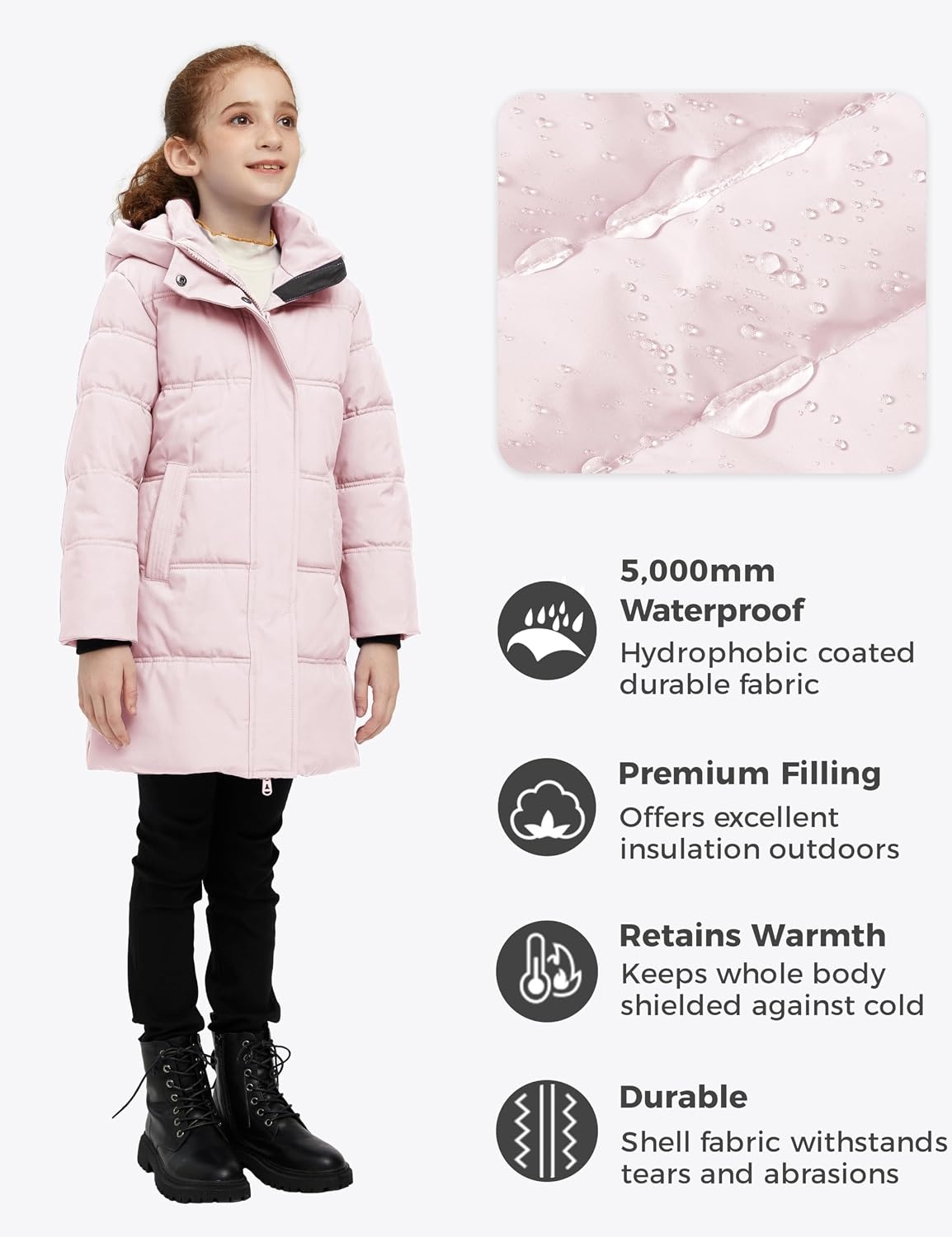 image:imagewantdo Girls Winter Coat Long Puffer Jacket Thickened Parka HoodedLight Pink