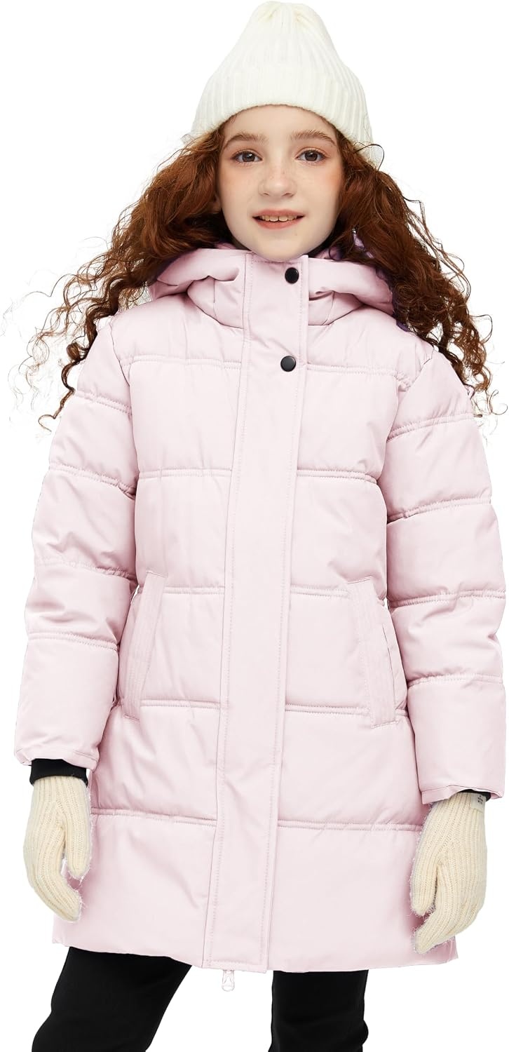 image:imagewantdo Girls Winter Coat Long Puffer Jacket Thickened Parka HoodedLight Pink