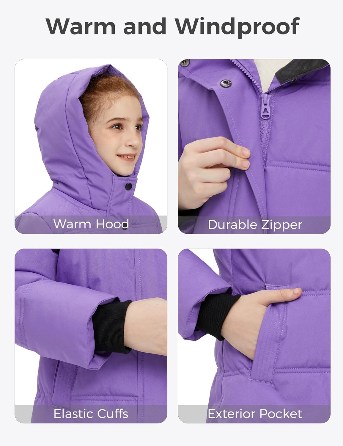 image:imagewantdo Girls Winter Coat Long Puffer Jacket Thickened Parka HoodedPurple