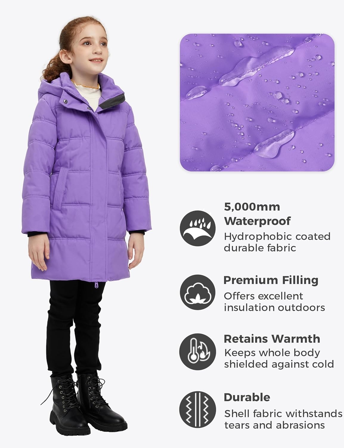 image:imagewantdo Girls Winter Coat Long Puffer Jacket Thickened Parka HoodedPurple