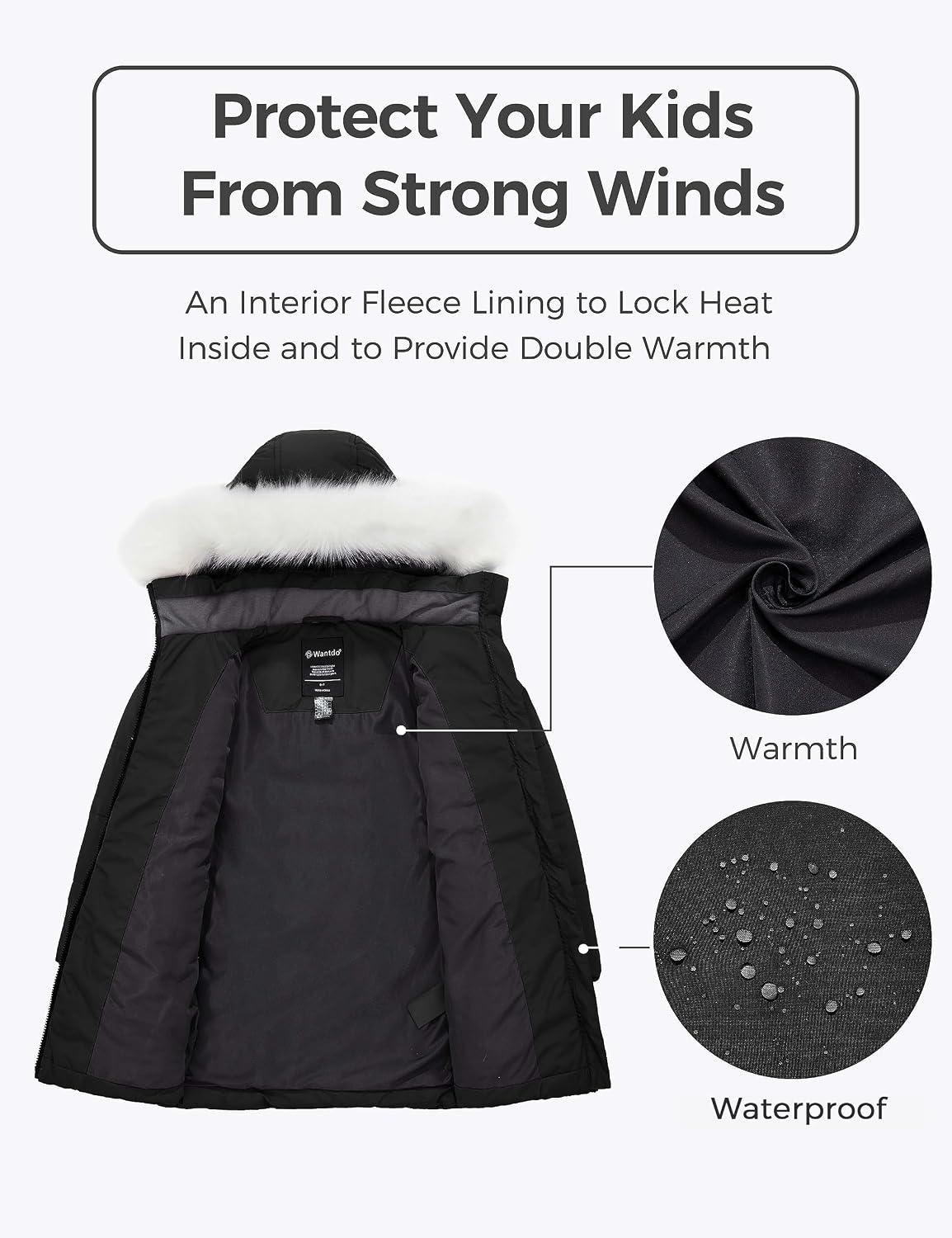image:imagewantdo Girls Winter Coat Waterproof Long Puffer Jacket Warm Parka HoodedBlack