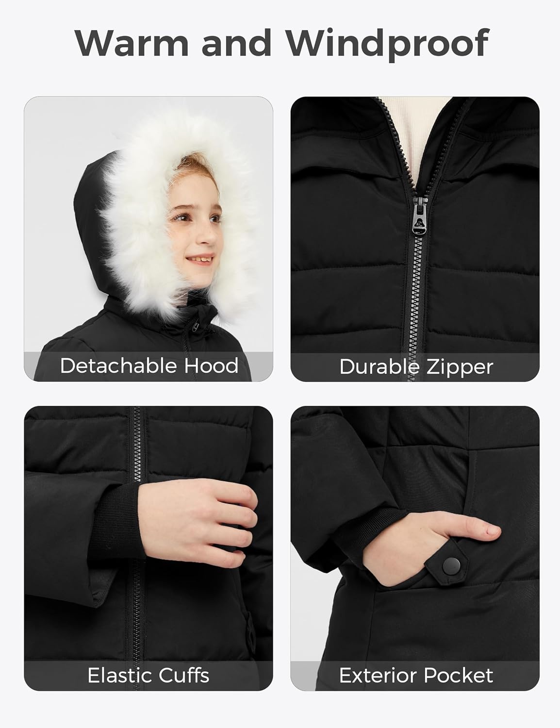 image:imagewantdo Girls Winter Coat Waterproof Long Puffer Jacket Warm Parka HoodedBlack