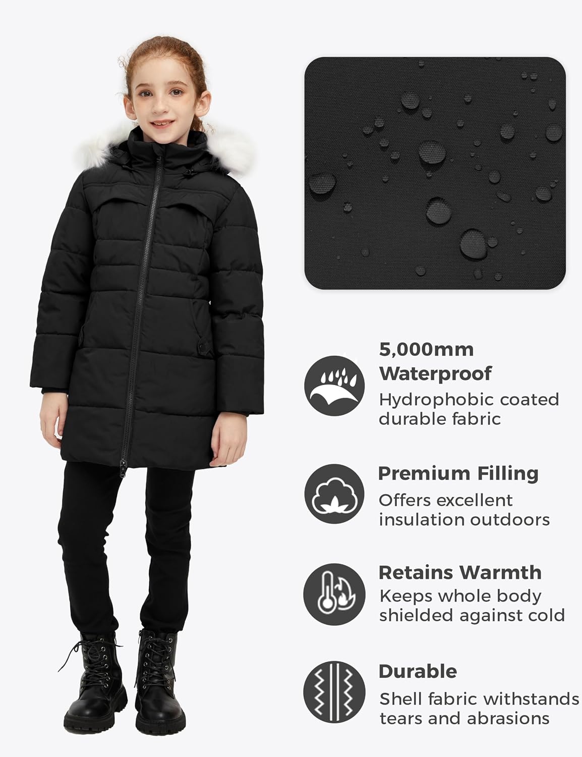 image:imagewantdo Girls Winter Coat Waterproof Long Puffer Jacket Warm Parka HoodedBlack