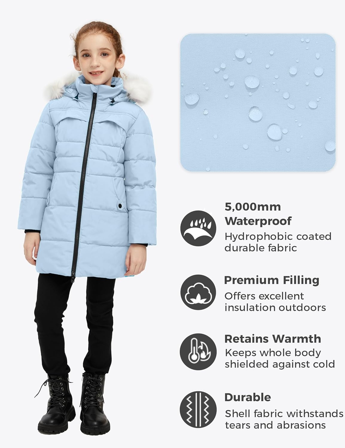 image:imagewantdo Girls Winter Coat Waterproof Long Puffer Jacket Warm Parka HoodedBlue
