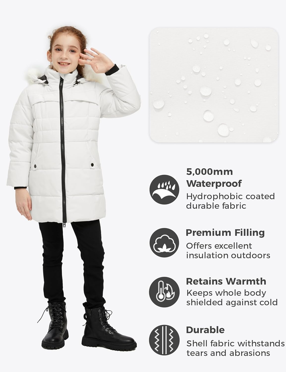 image:imagewantdo Girls Winter Coat Waterproof Long Puffer Jacket Warm Parka HoodedCreamy White
