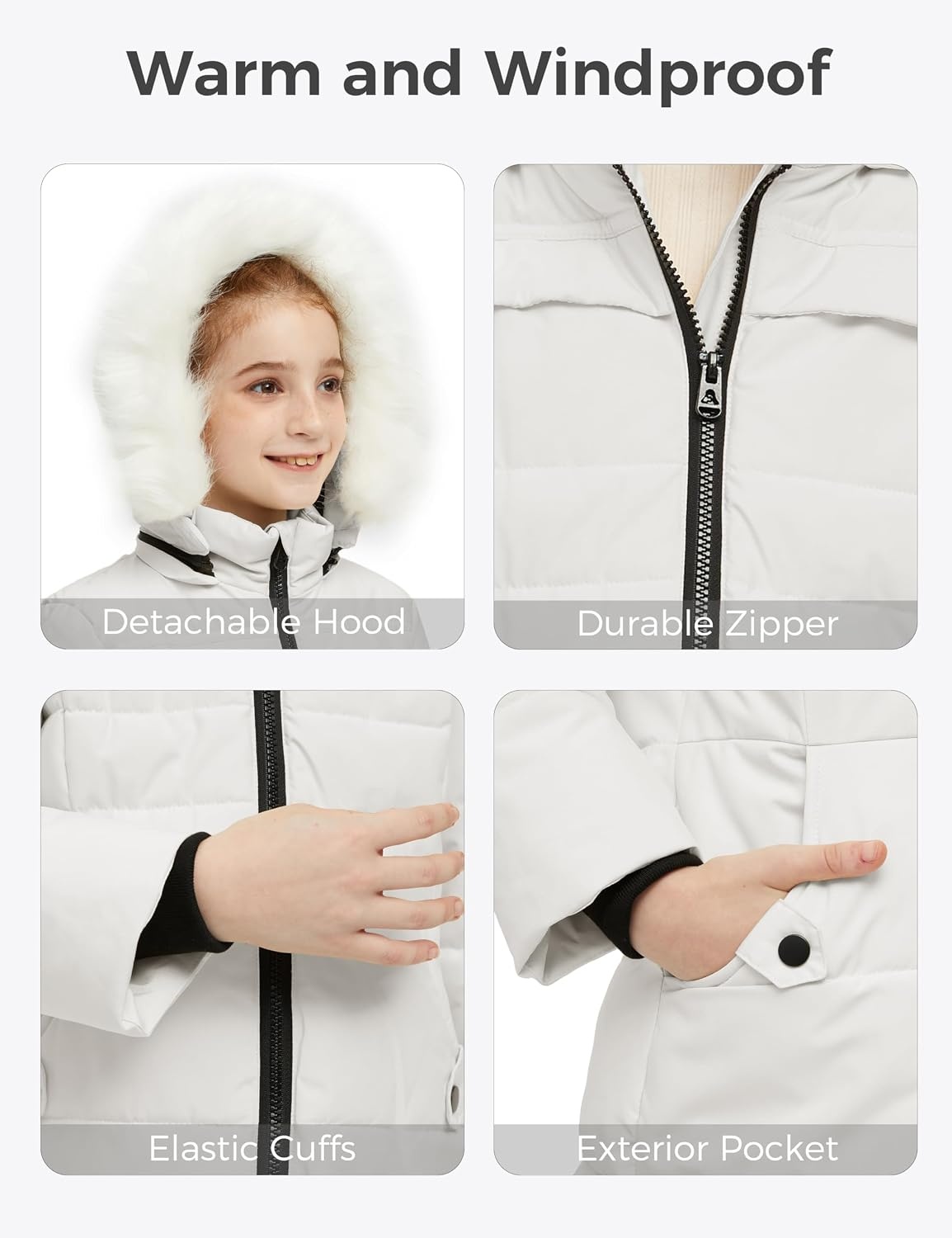 image:imagewantdo Girls Winter Coat Waterproof Long Puffer Jacket Warm Parka HoodedCreamy White