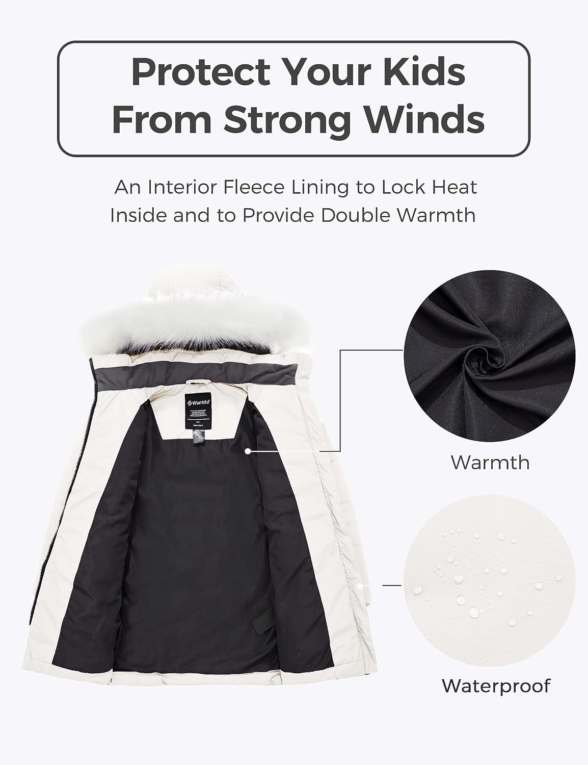 image:imagewantdo Girls Winter Coat Waterproof Long Puffer Jacket Warm Parka HoodedCreamy White