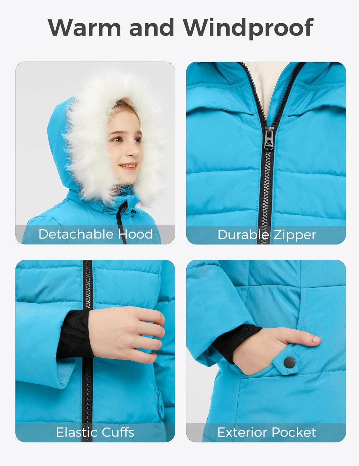image:imagewantdo Girls Winter Coat Waterproof Long Puffer Jacket Warm Parka HoodedLight Blue