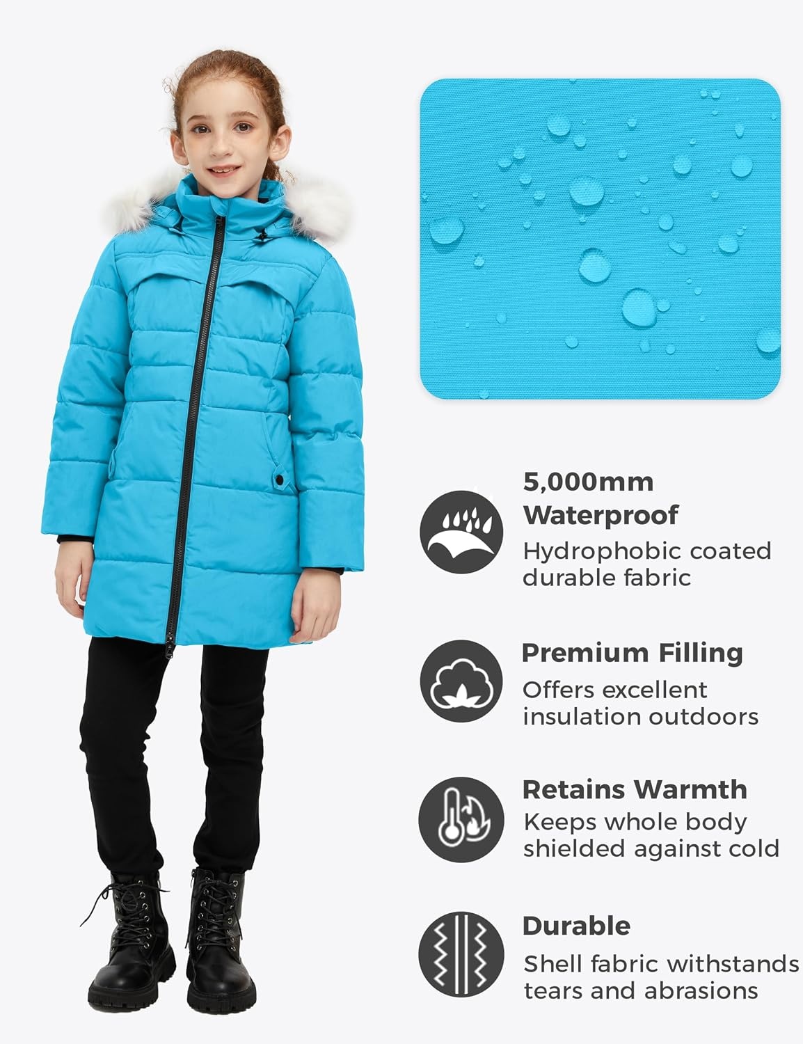 image:imagewantdo Girls Winter Coat Waterproof Long Puffer Jacket Warm Parka HoodedLight Blue