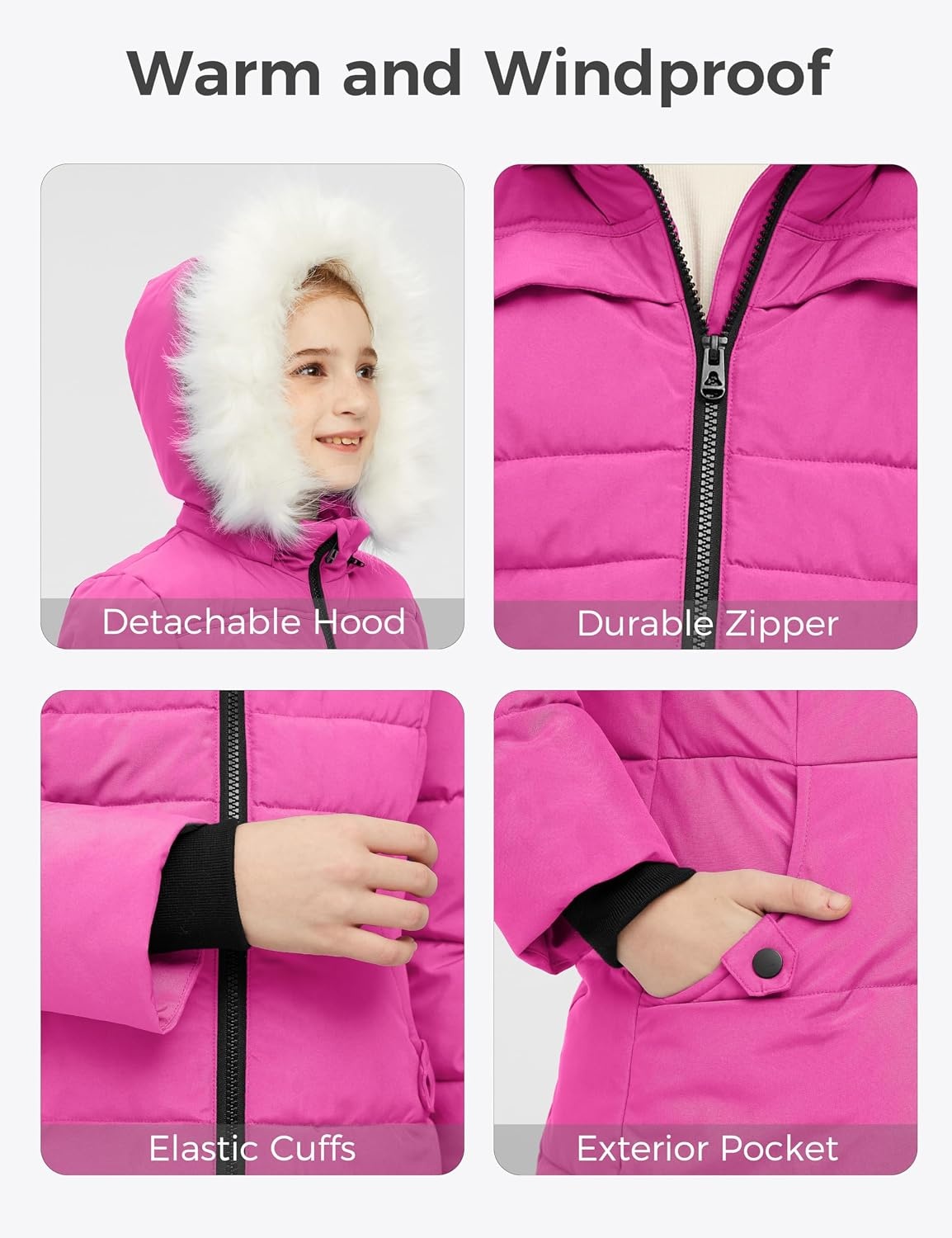 image:imagewantdo Girls Winter Coat Waterproof Long Puffer Jacket Warm Parka HoodedPink