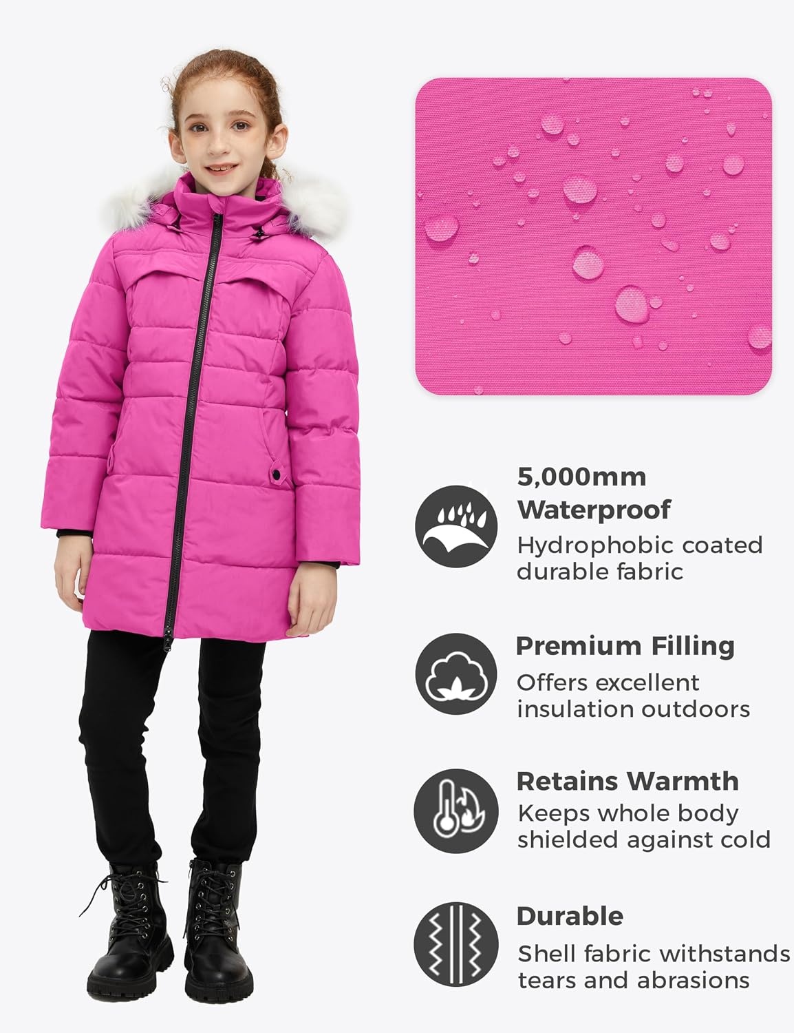 image:imagewantdo Girls Winter Coat Waterproof Long Puffer Jacket Warm Parka HoodedPink